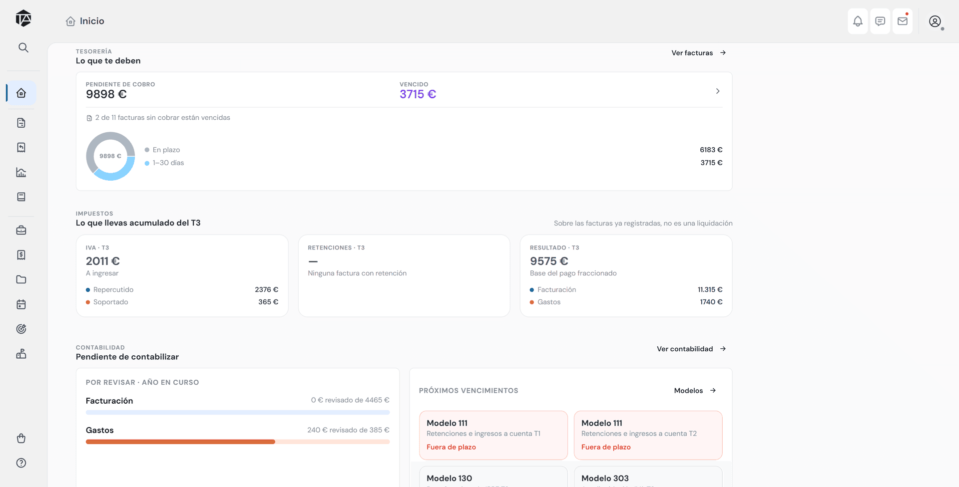 Panel de inicio con tesorería, impuestos y contabilidad de un vistazo