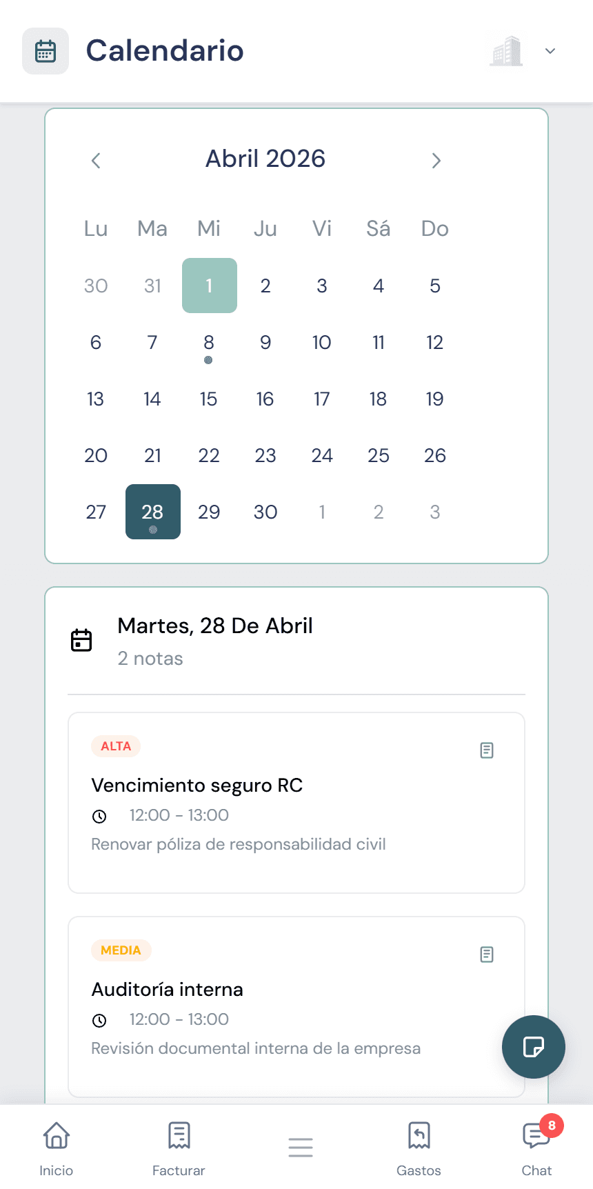 Calendario fiscal integrado en móvil